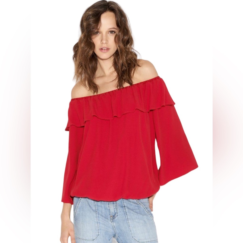 ba&sh Azar Off-the-Shoulder Ruffled red blouse size 3